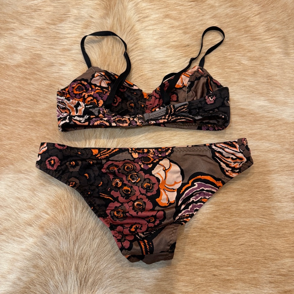 Malia Mills 2-Piece Bikini Top 32AB / Bottom XS Brown Black Salmon EUC - Picture 2 of 3